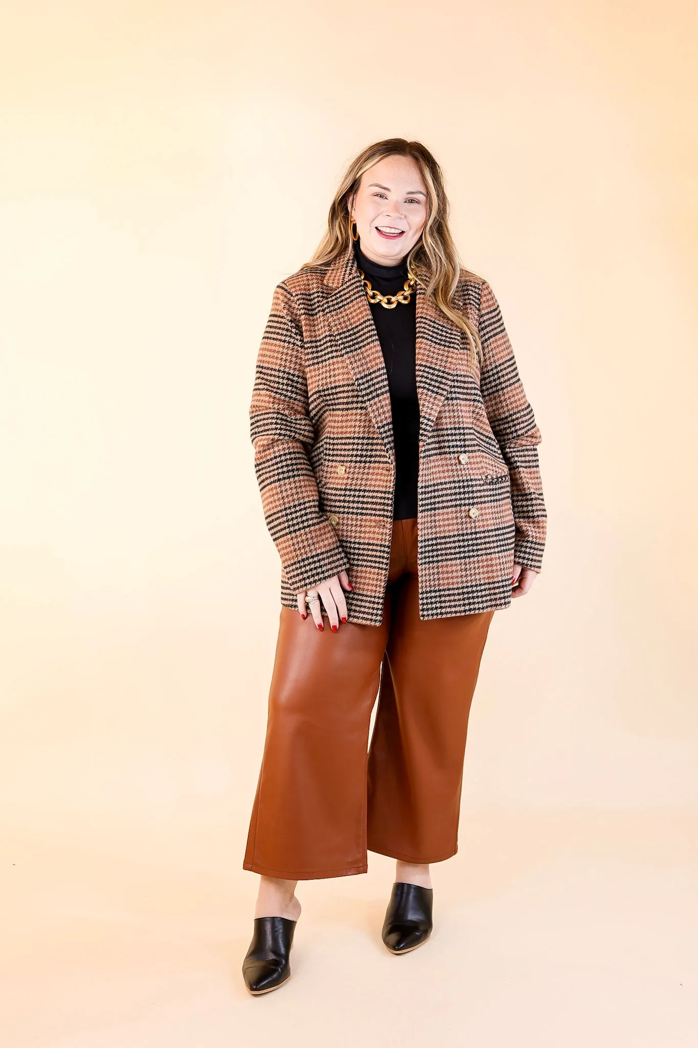 Magical Feeling Houndstooth Blazer with Long Sleeves in Rust Mix