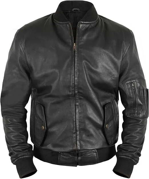 Men's Black MA1 Bomber Leather Jacket