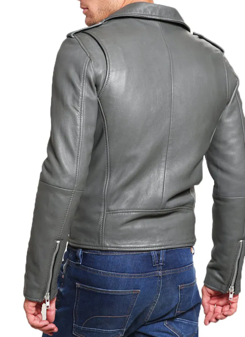 Men's Grey Casual Motorcycle Biker Leather Jacket