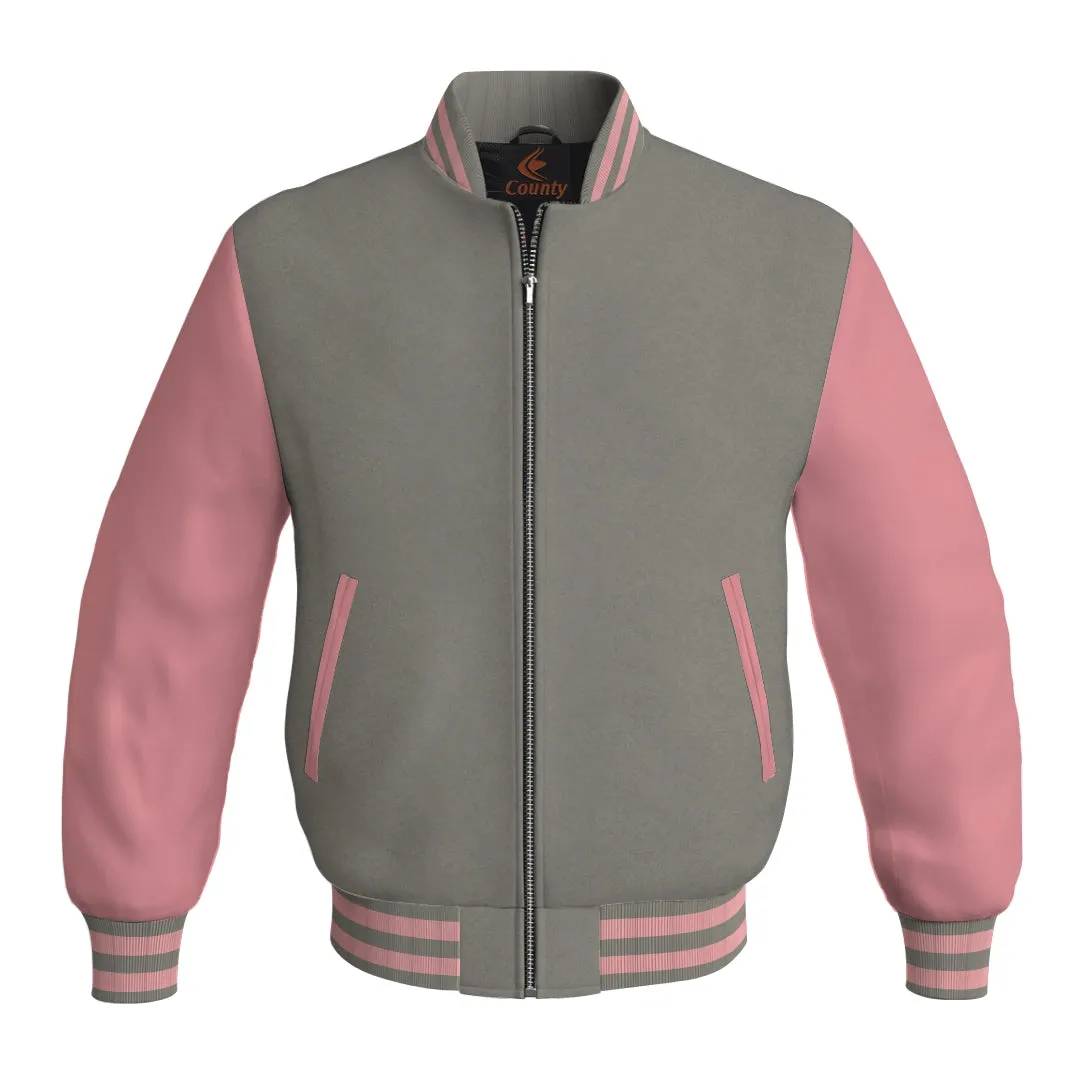 Mens Letterman Jacket Gray Body and Pink Leather Sleeves Bomber Jacket