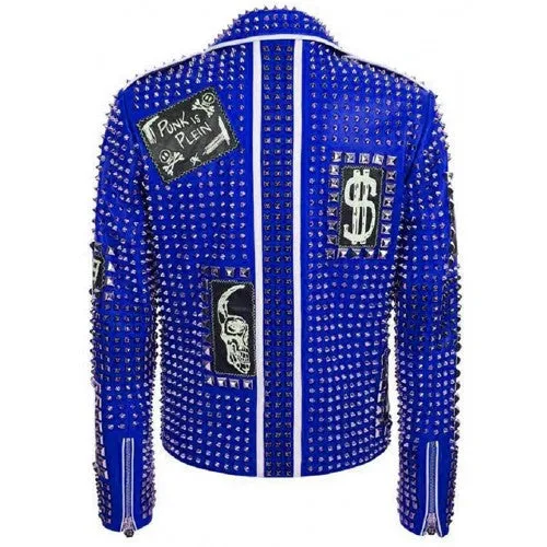 Mens Multi Patches Spiked Leather Jacket in Blue