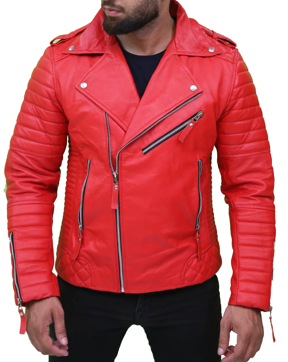 Men's Quilted Asymmetrical Red Leather Jacket