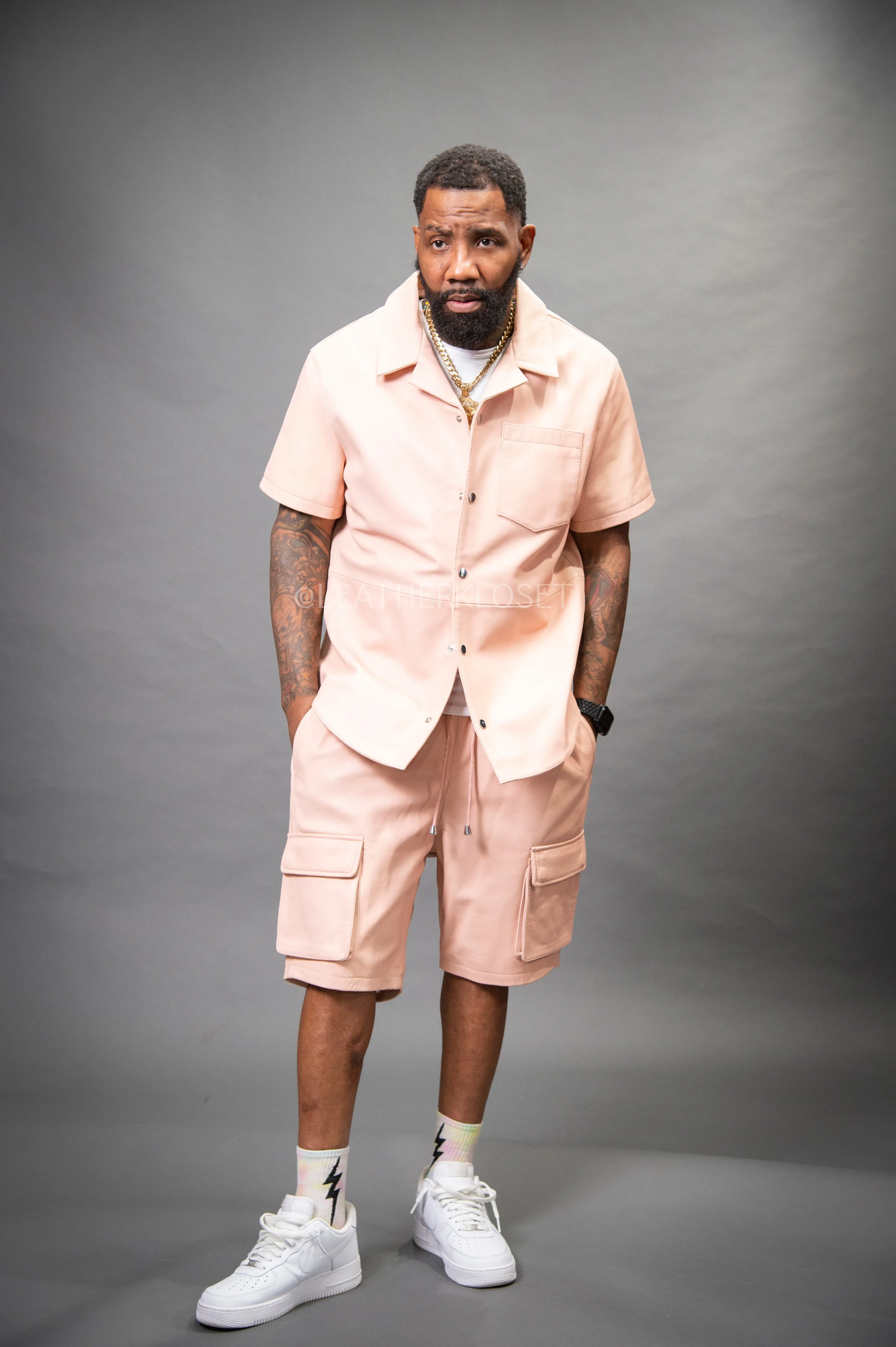 Men's Summer In Miami Leather Shirt And Cargo Shorts Set [Baby Pink]