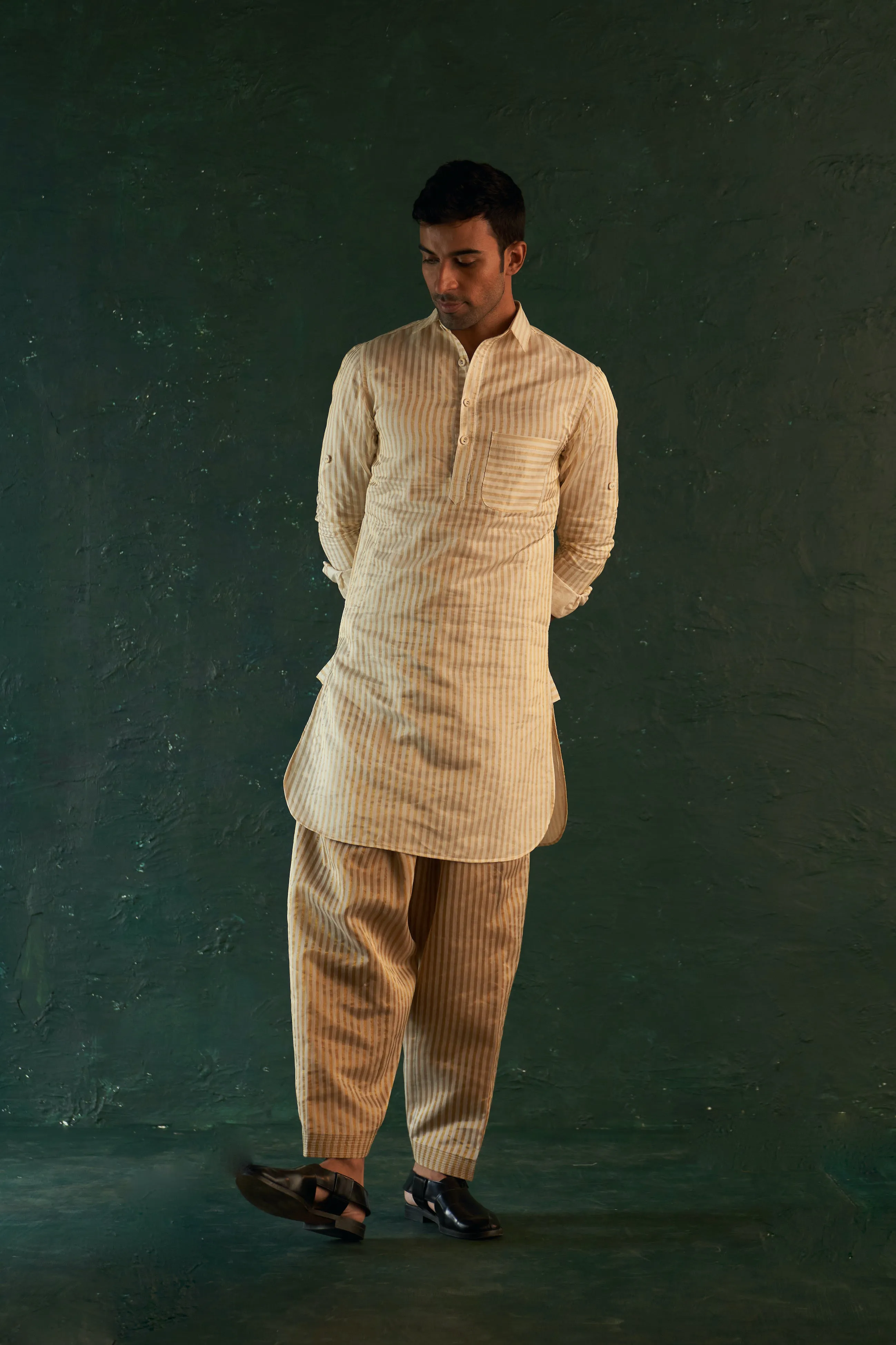 Men's White Stripe Pathani Kurta Set with Jacket- Set of 3