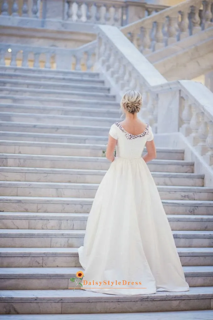 Modest Short Sleeves Beach Wedding Dress