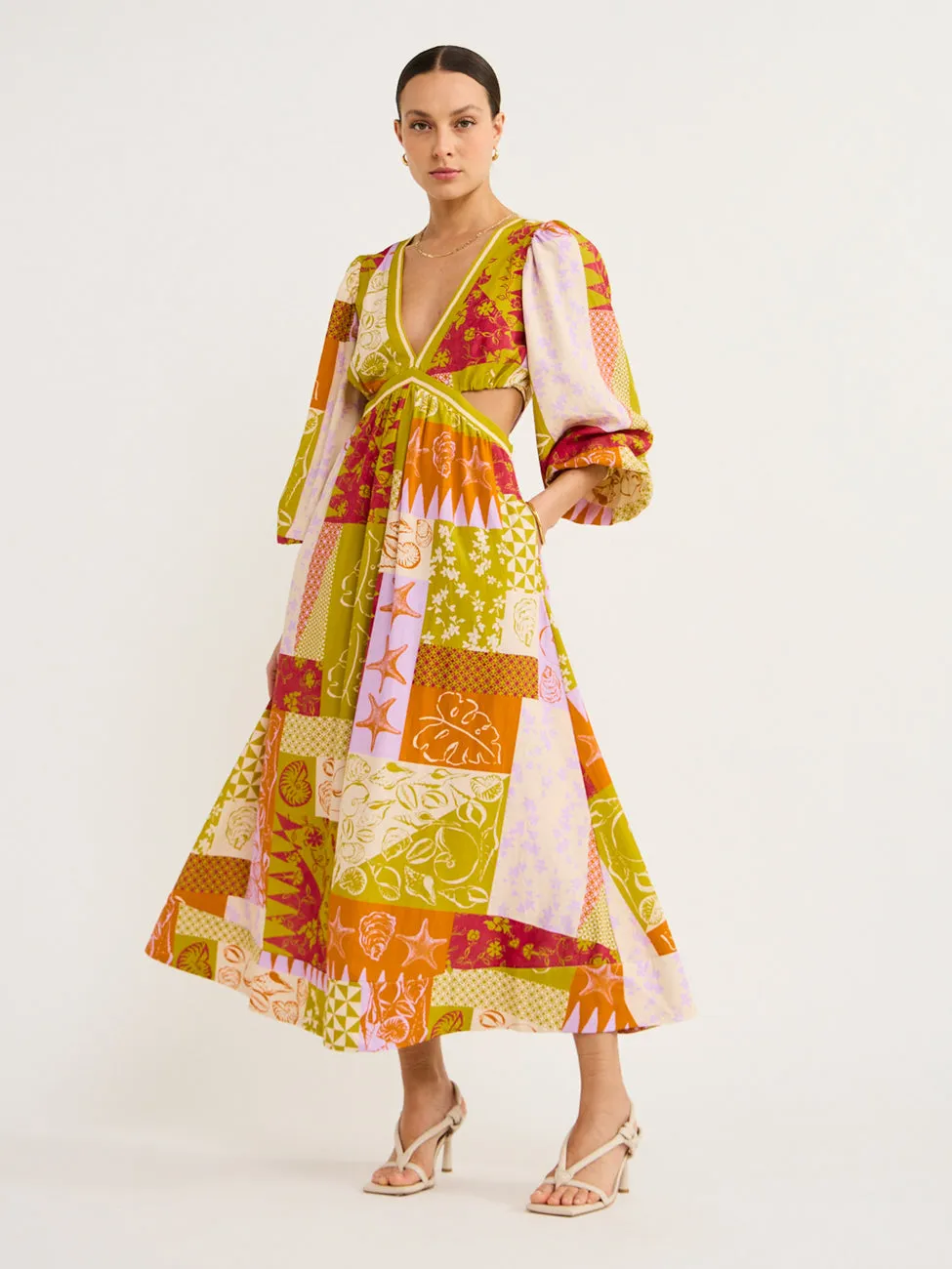 Mon Renn Cove Patchwork Long Sleeve Midi Dress in Patchwork