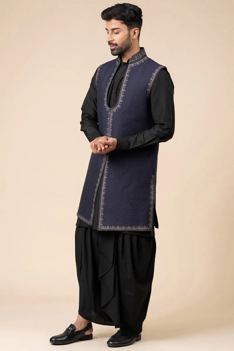 Navy Zari Quilted Sleeveless Sherwani