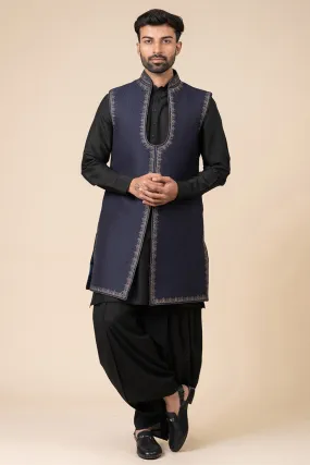 Navy Zari Quilted Sleeveless Sherwani