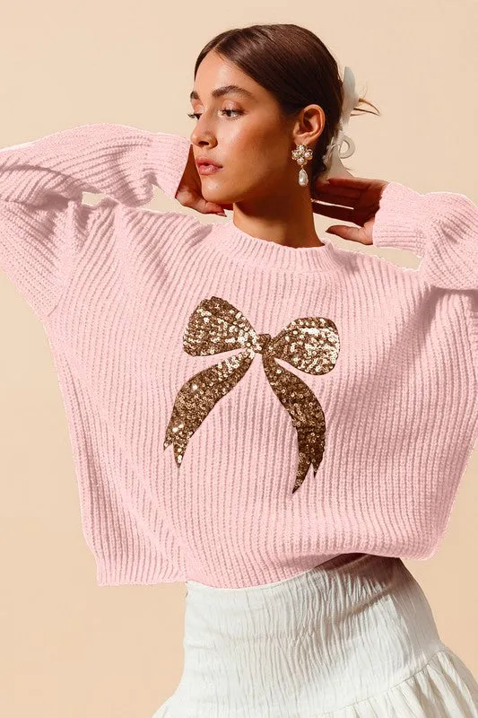 NEW!! Sequin Bow Ribbed Sweater in Pink