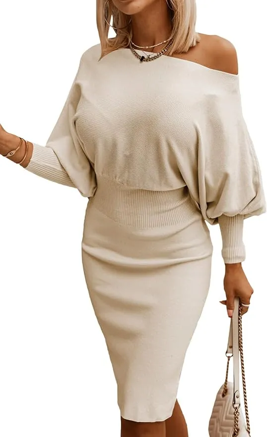 Off Shoulder Long Lantern Sleeve Sweater Dress