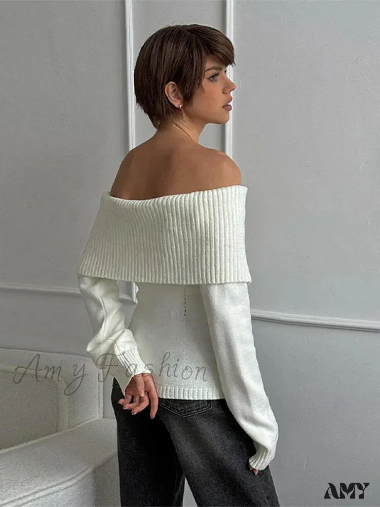 Off Shoulder Solid Slim Slash Neck Long Sleeve High Street Sweater