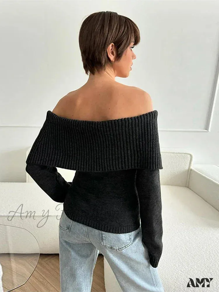 Off Shoulder Solid Slim Slash Neck Long Sleeve High Street Sweater