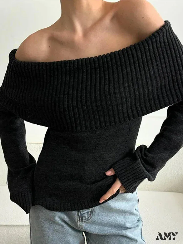 Off Shoulder Solid Slim Slash Neck Long Sleeve High Street Sweater