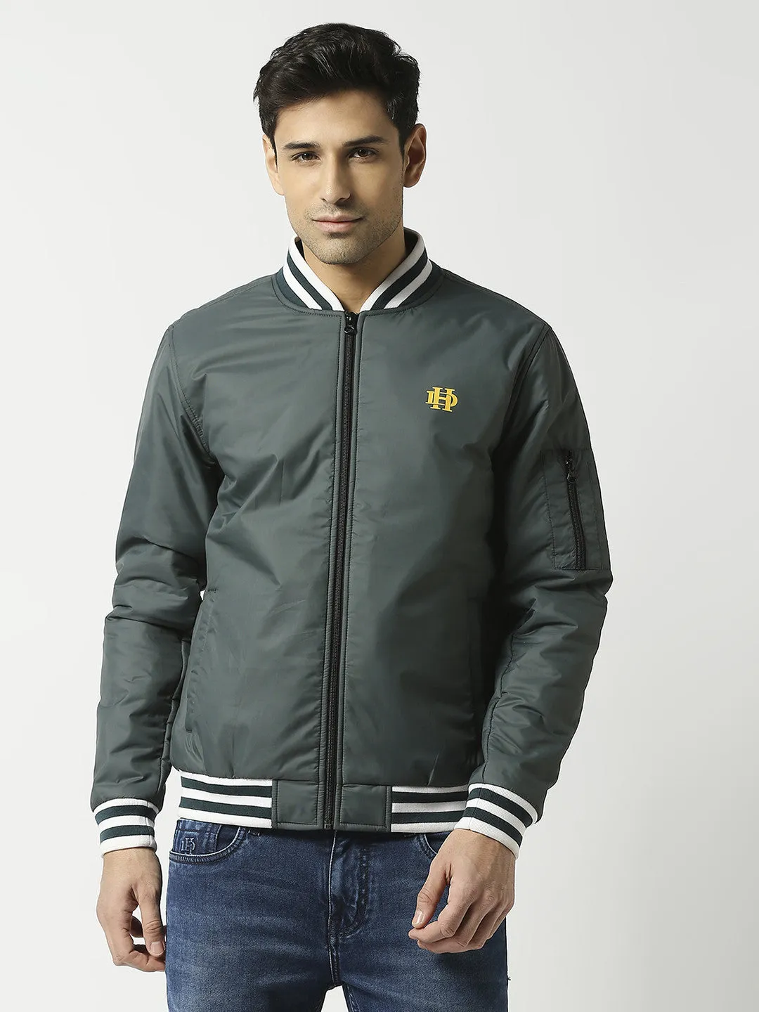 Olive Green Bomber Jacket with Striped Trim