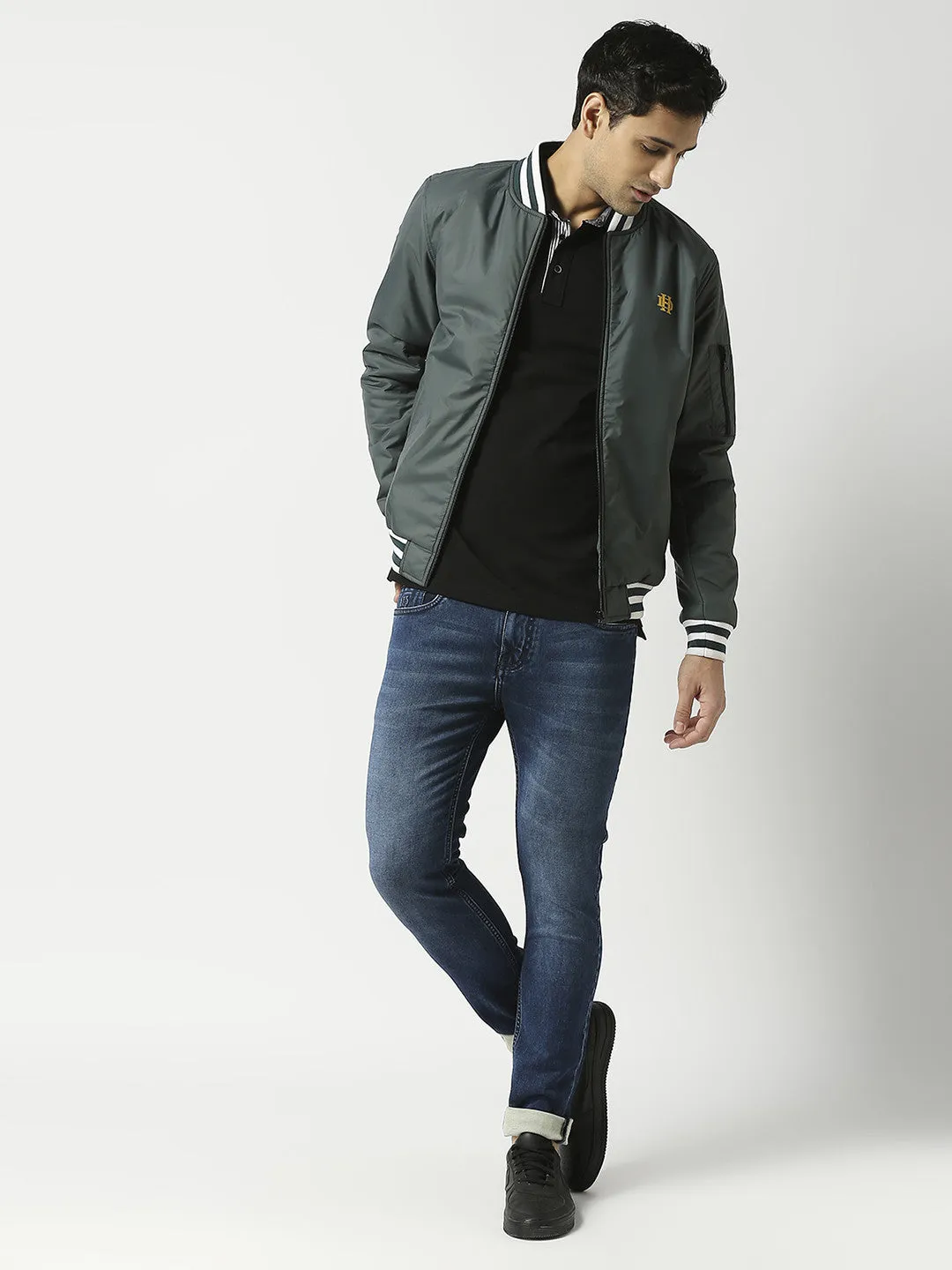 Olive Green Bomber Jacket with Striped Trim