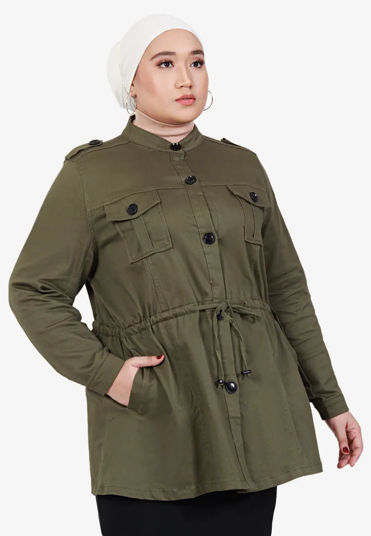 Parca Long Cinched Button Stretch Jacket - Army Green