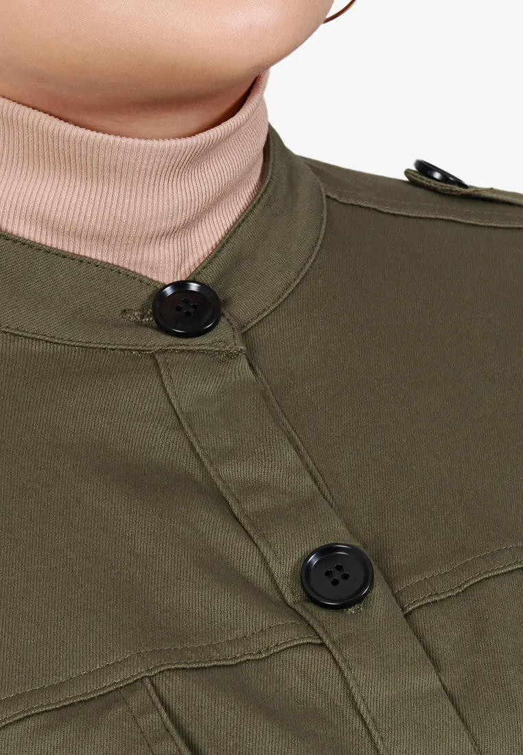 Parca Long Cinched Button Stretch Jacket - Army Green