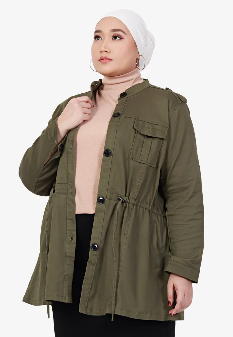 Parca Long Cinched Button Stretch Jacket - Army Green