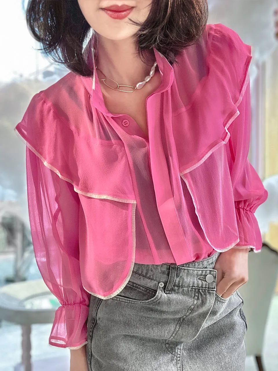 Pink Mesh Trim Stand Collar Silky Blouse