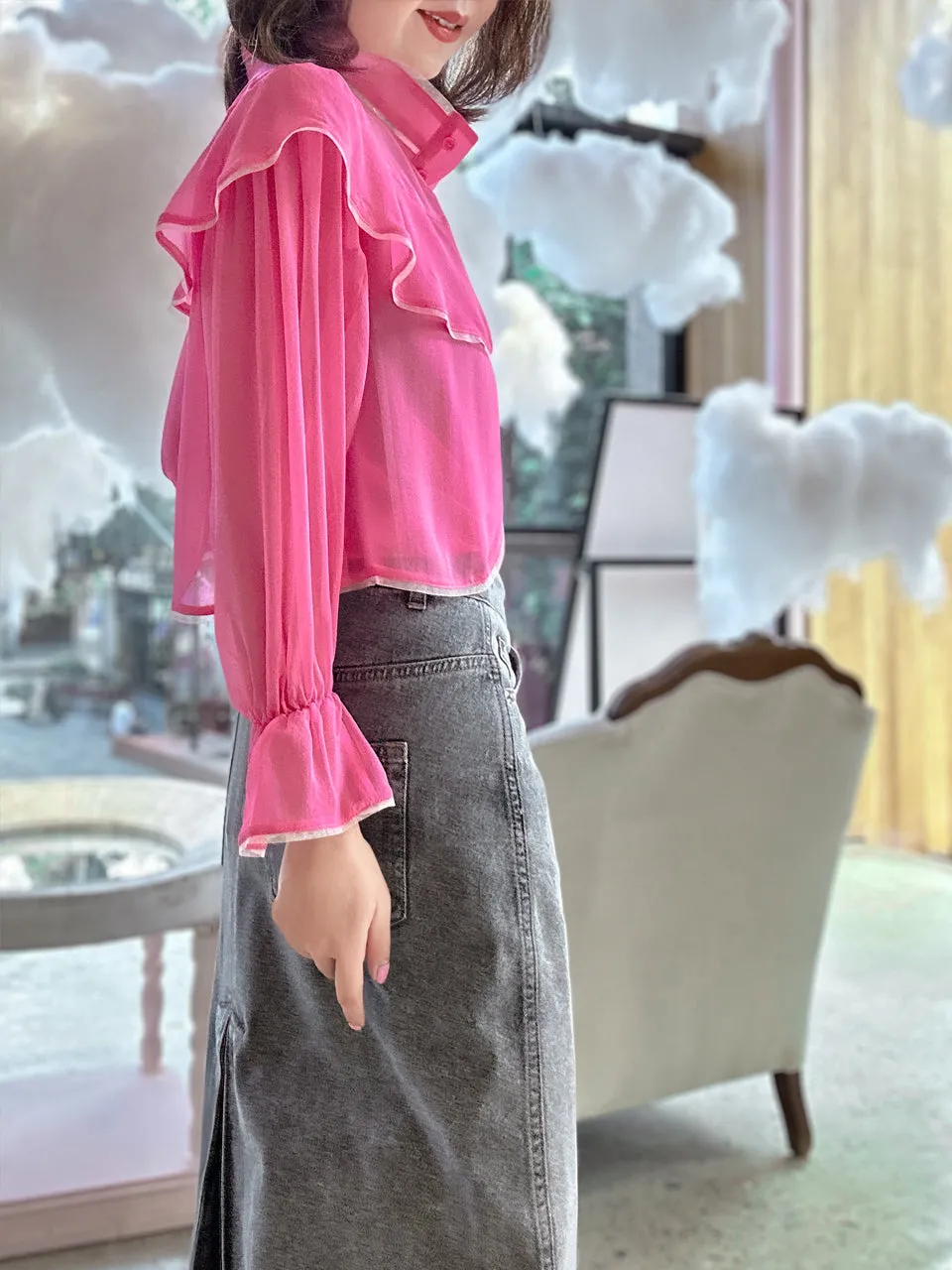 Pink Mesh Trim Stand Collar Silky Blouse