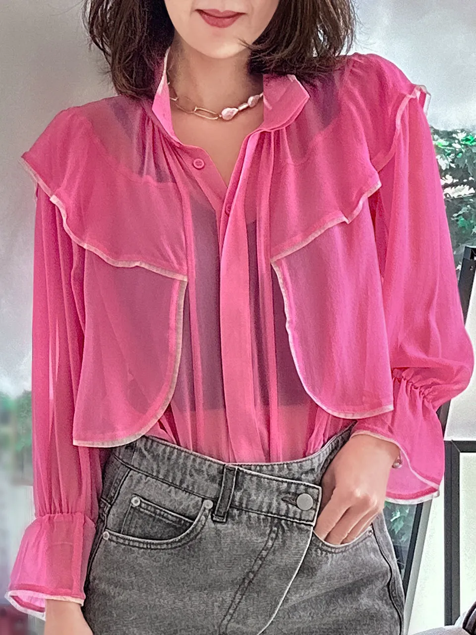 Pink Mesh Trim Stand Collar Silky Blouse