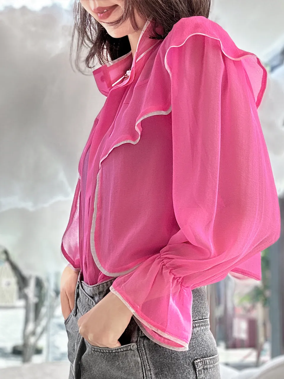 Pink Mesh Trim Stand Collar Silky Blouse