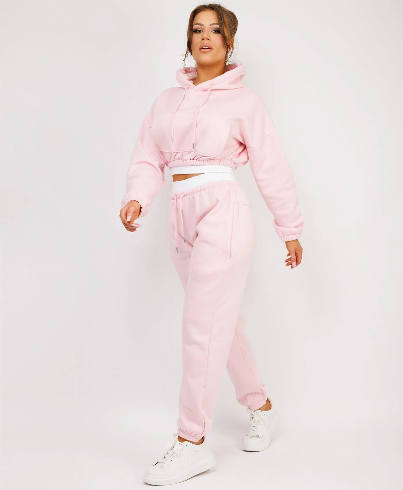 Pink Ribbed Hem Cropped Hoodie And Joggers Tracksuit