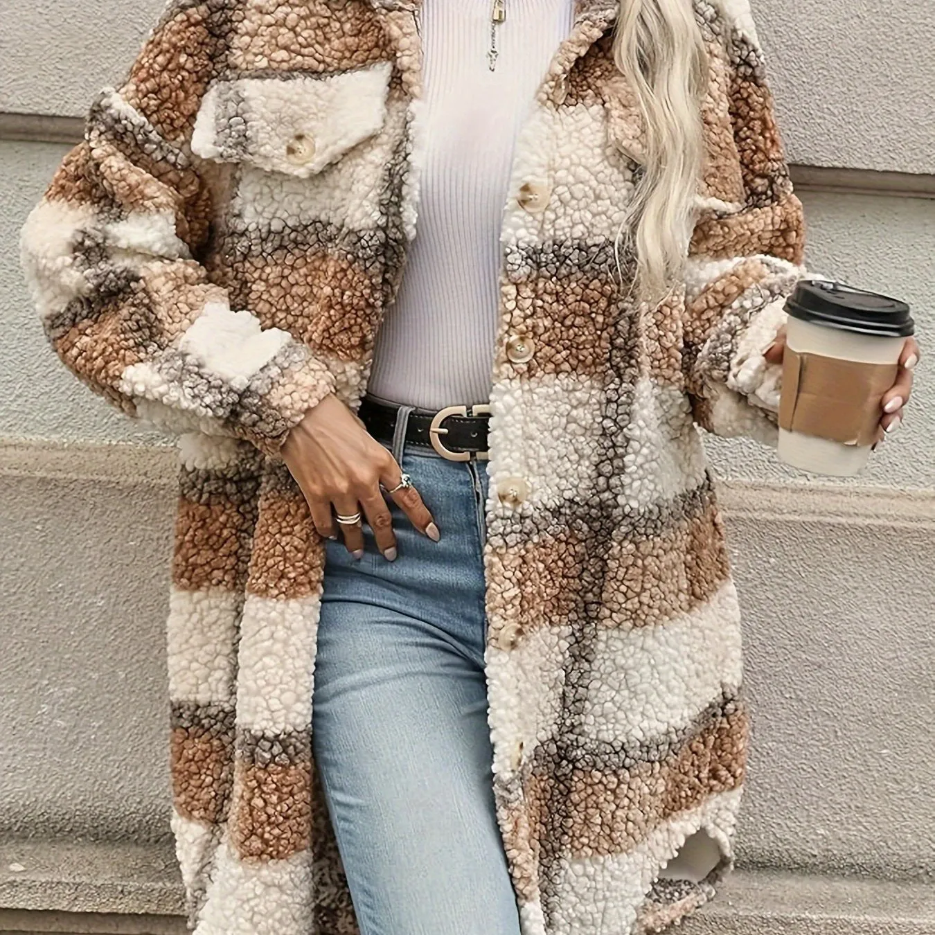 Plaid Pattern Button Front Fuzzy Jacket, Casual Thermal Long Sleeve Long Length Collar Coat For Women