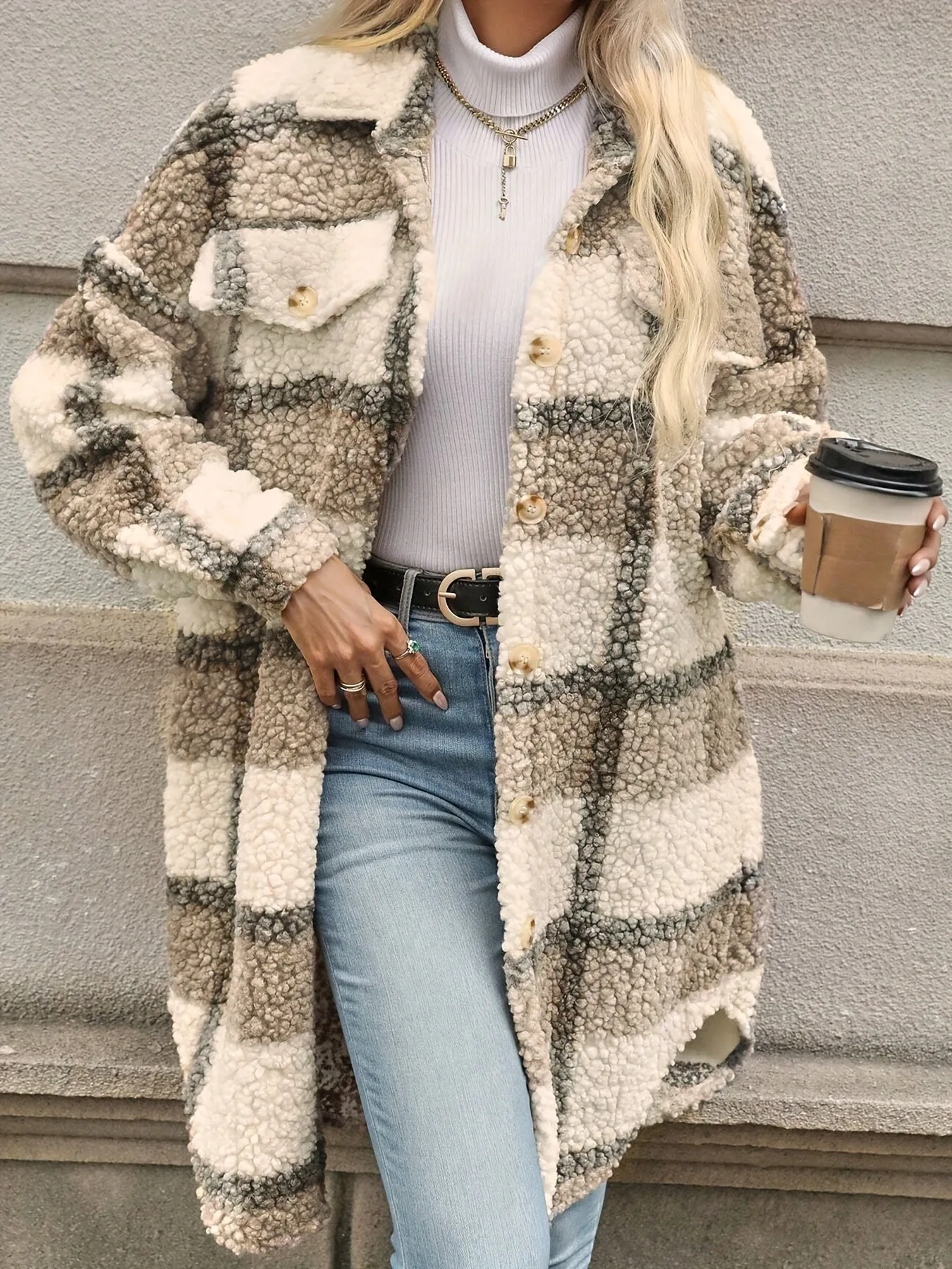 Plaid Pattern Button Front Fuzzy Jacket, Casual Thermal Long Sleeve Long Length Collar Coat For Women