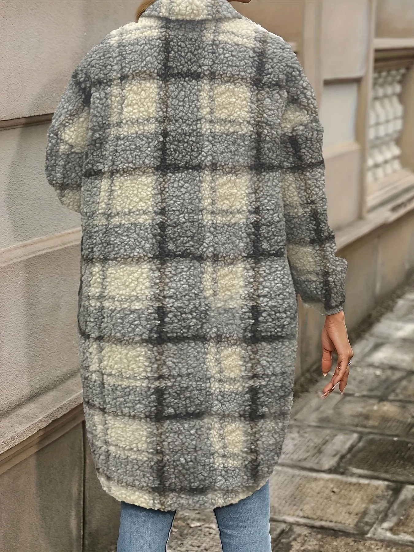 Plaid Pattern Button Front Fuzzy Jacket, Casual Thermal Long Sleeve Long Length Collar Coat For Women