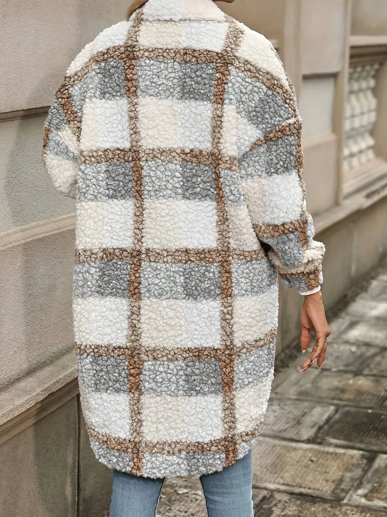 Plaid Pattern Button Front Fuzzy Jacket, Casual Thermal Long Sleeve Long Length Collar Coat For Women