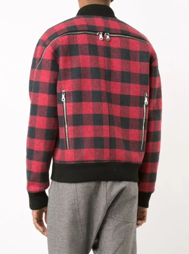 PLAID ZIPPER BOMBER JACKET RED PLAID