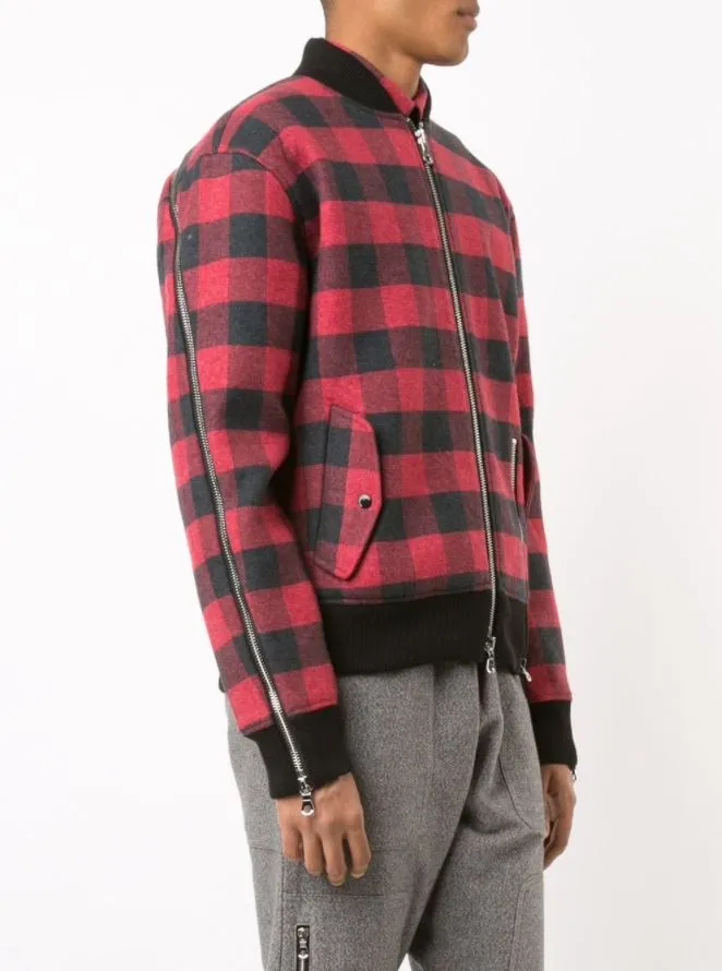 PLAID ZIPPER BOMBER JACKET RED PLAID