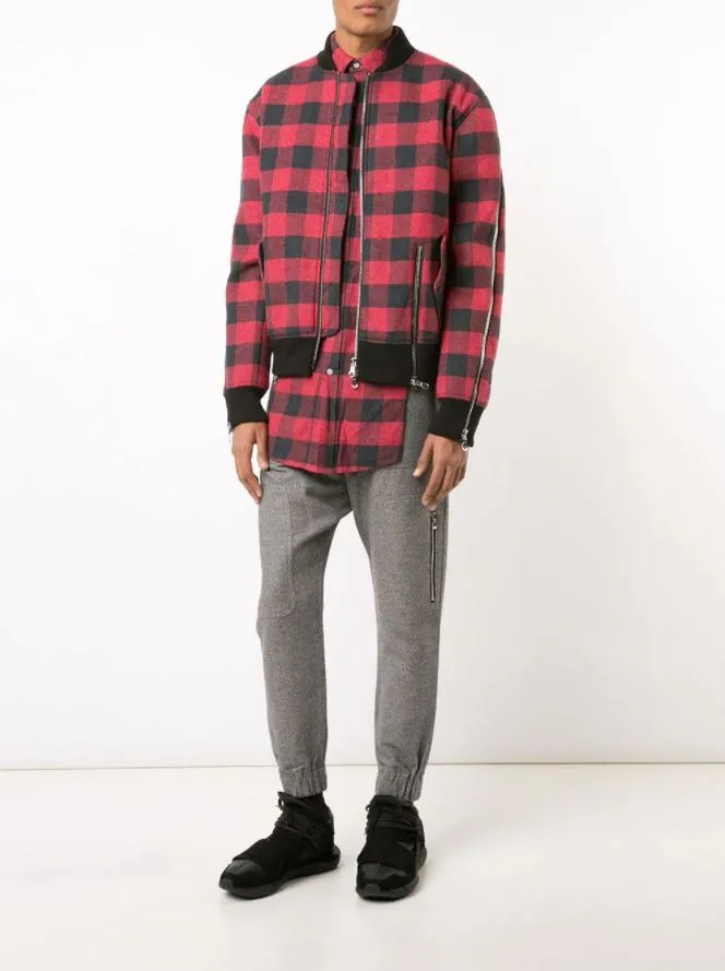 PLAID ZIPPER BOMBER JACKET RED PLAID