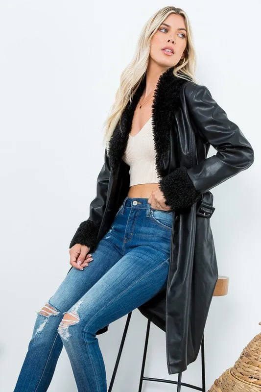 Premium Faux Fur   Leather Long Parka Jacket