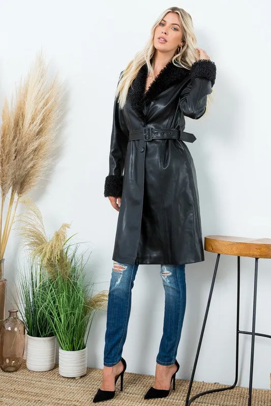 Premium Faux Fur   Leather Long Parka Jacket