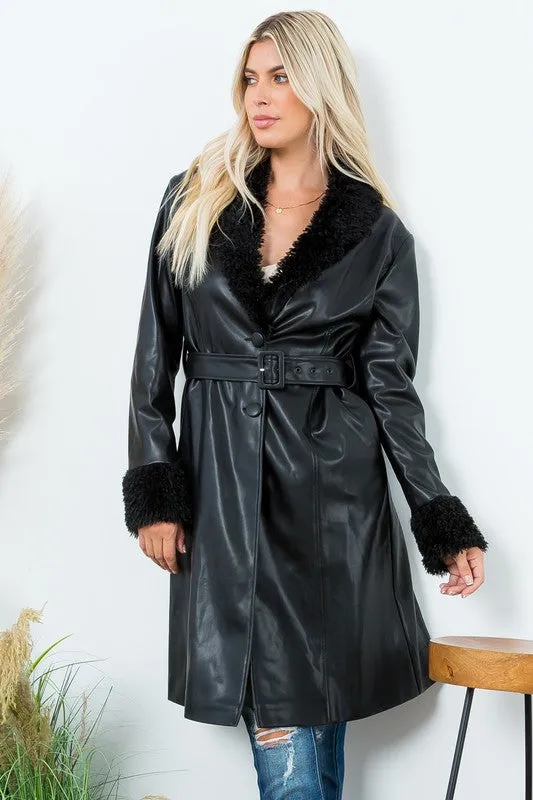 Premium Faux Fur   Leather Long Parka Jacket