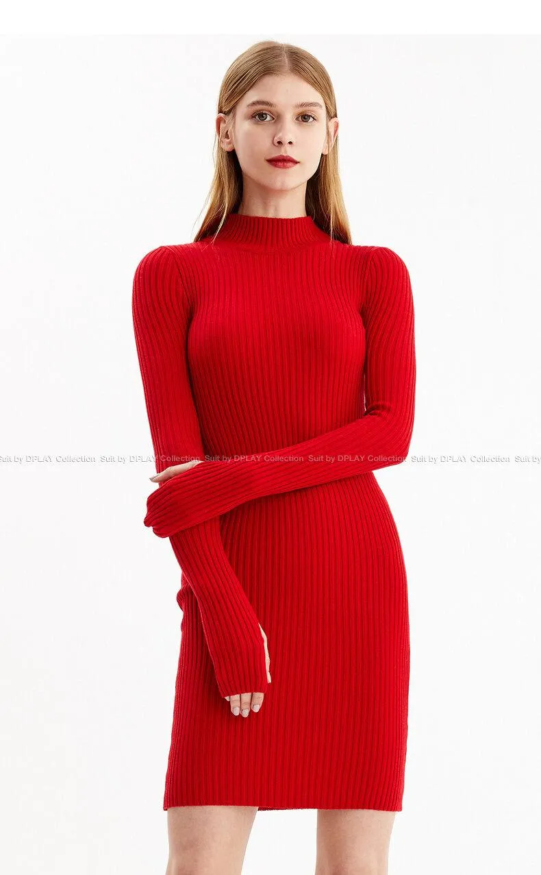 Quality turtle neck slit sleeve pencil sweater dress- Lamio