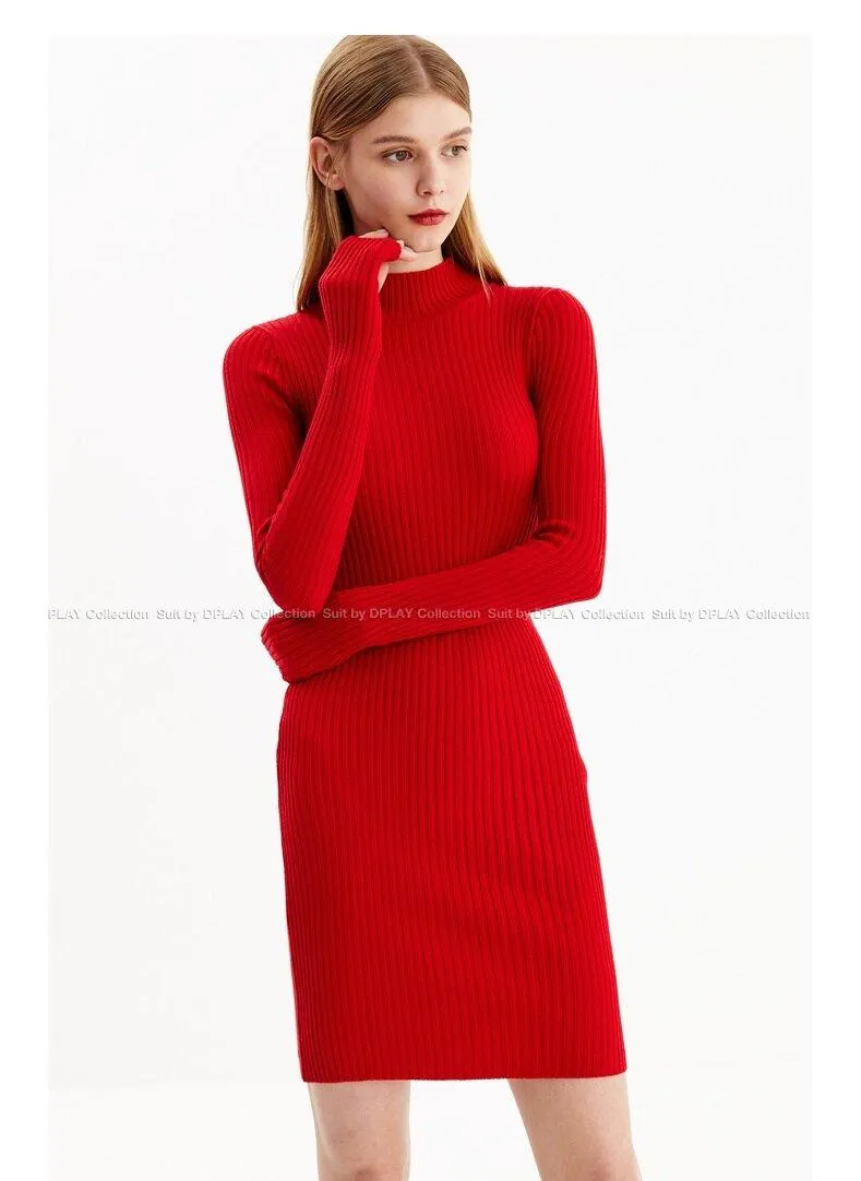 Quality turtle neck slit sleeve pencil sweater dress- Lamio