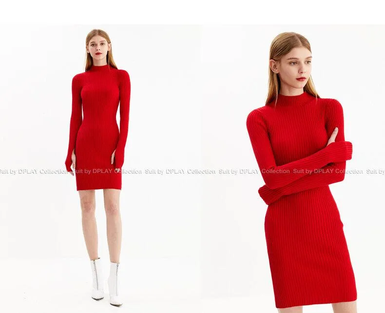 Quality turtle neck slit sleeve pencil sweater dress- Lamio