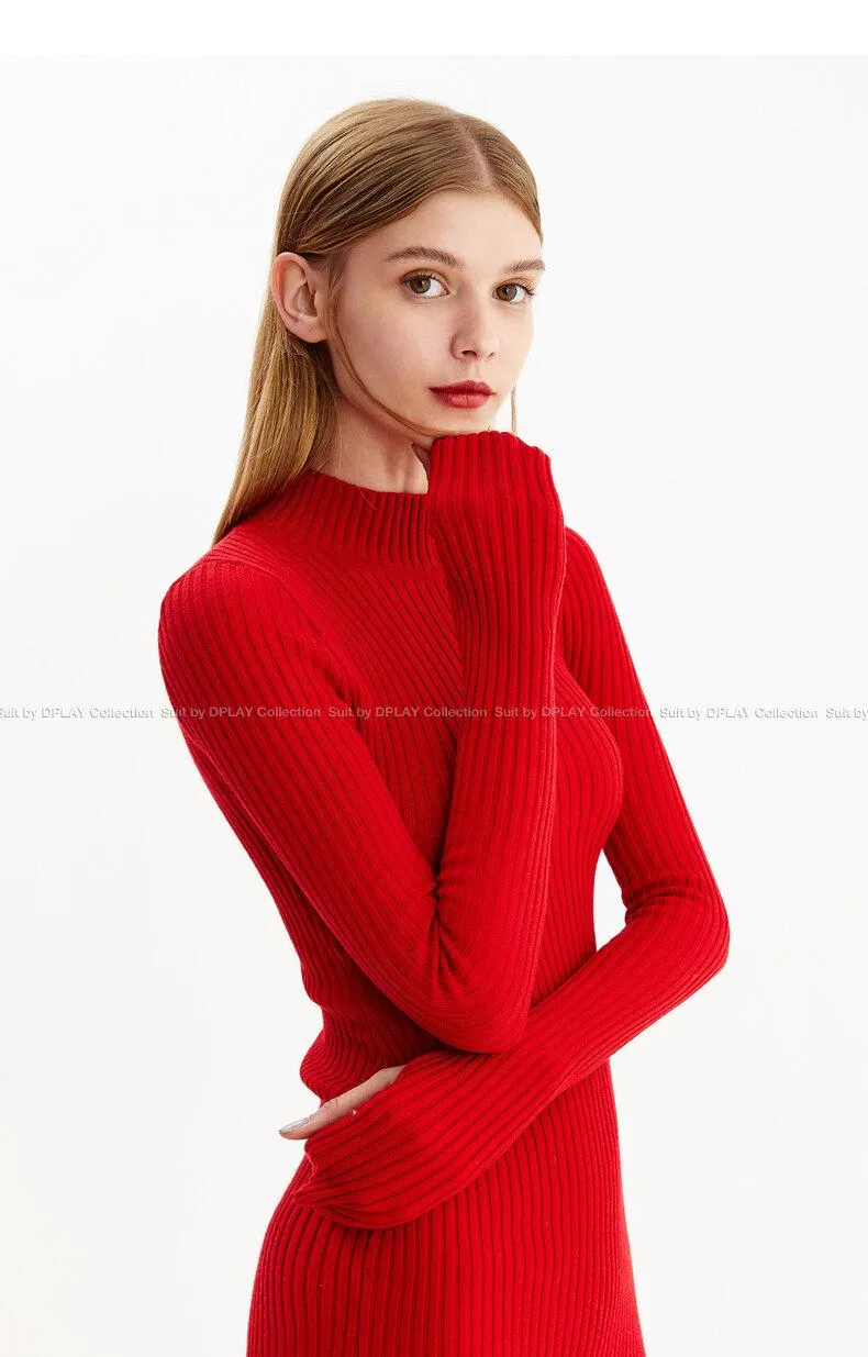 Quality turtle neck slit sleeve pencil sweater dress- Lamio