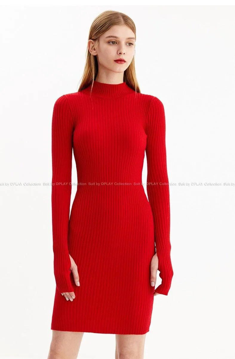 Quality turtle neck slit sleeve pencil sweater dress- Lamio