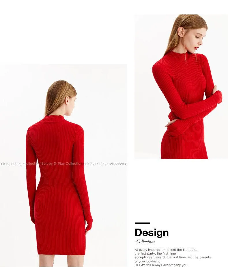 Quality turtle neck slit sleeve pencil sweater dress- Lamio