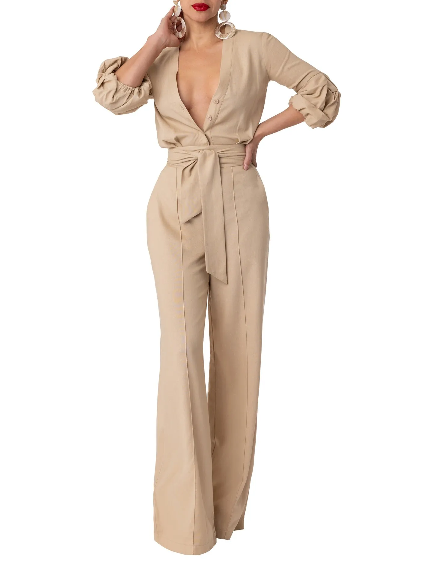 "Sint Maarten" Tan Button-Down Jumpsuit