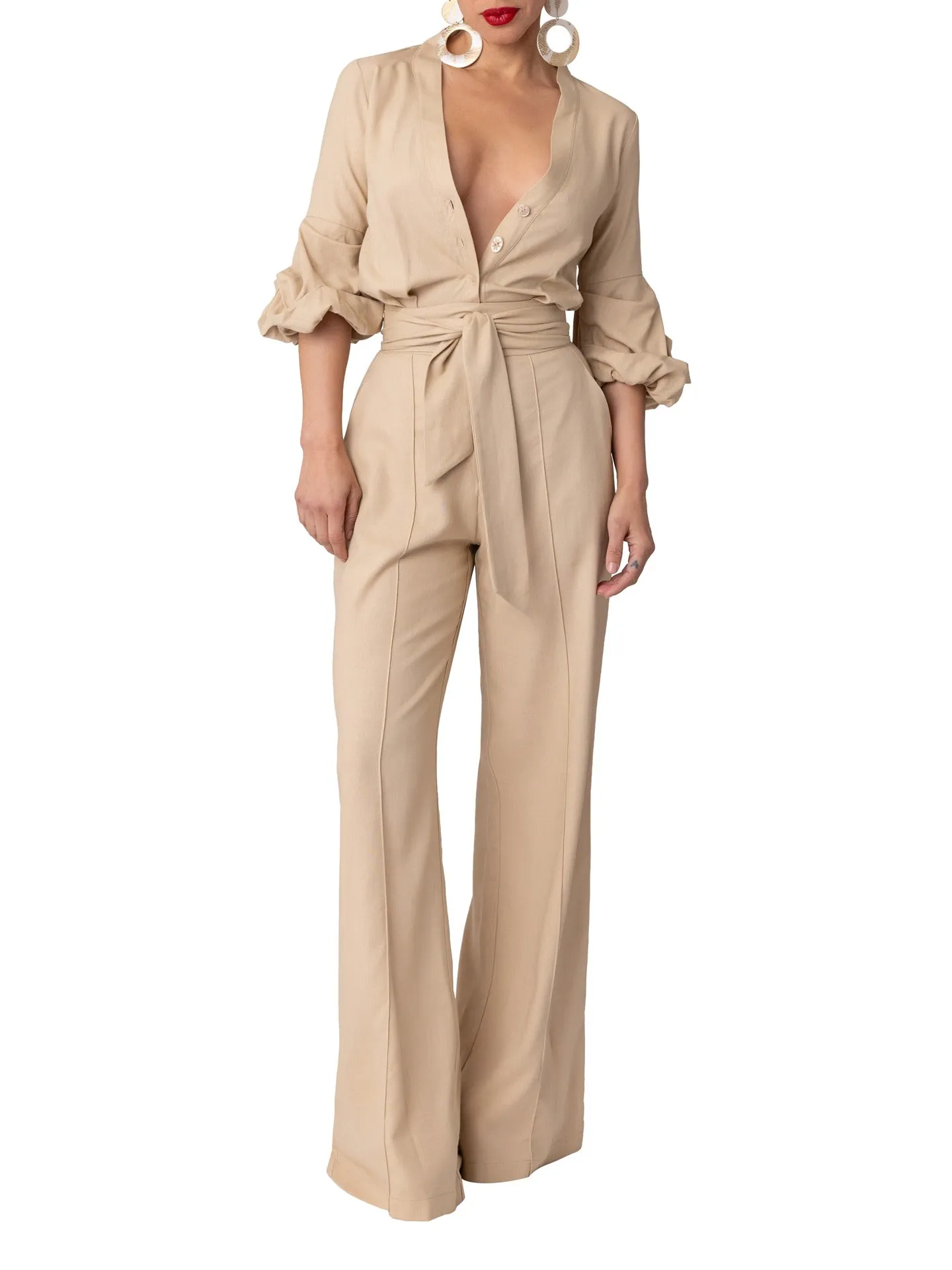 "Sint Maarten" Tan Button-Down Jumpsuit