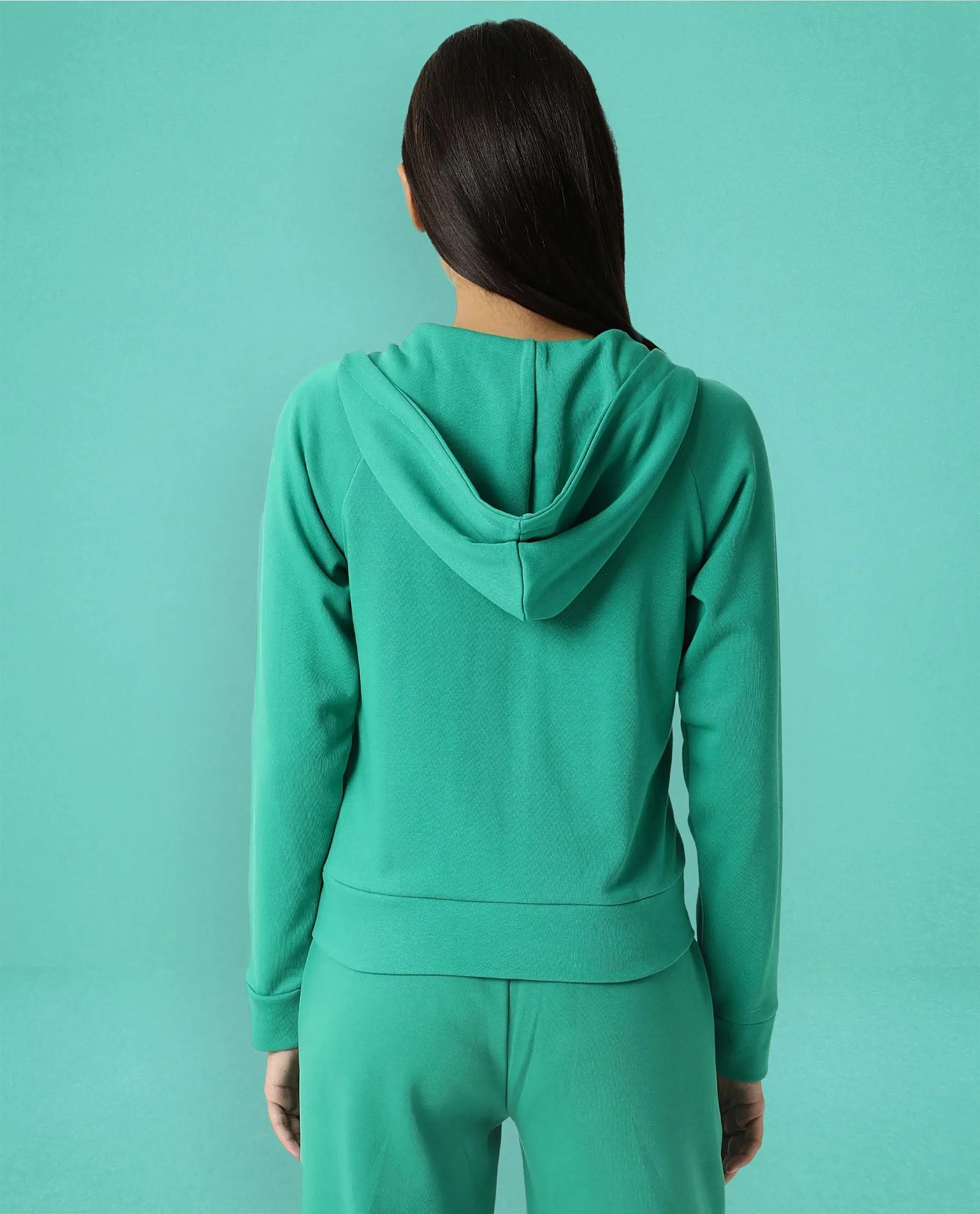 Rareism Women Capper Green Cotton Blend Fabric Full Sleeves Solid Hooded Jacket