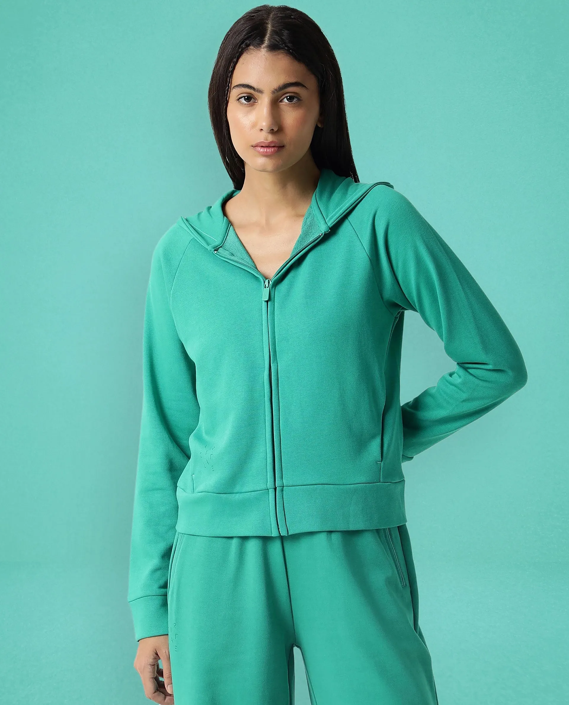 Rareism Women Capper Green Cotton Blend Fabric Full Sleeves Solid Hooded Jacket