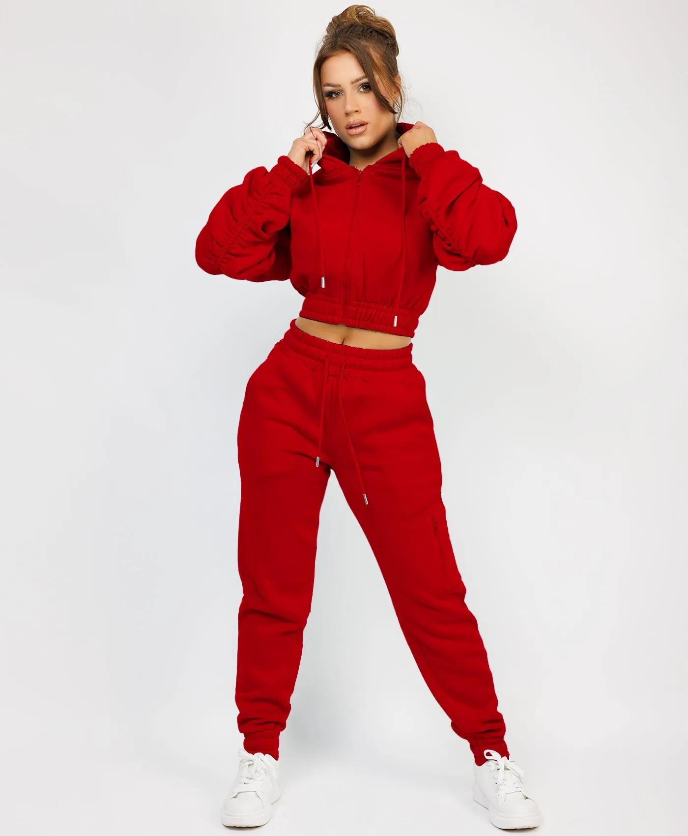 Red Ruched Sleeve Zipped Hoodie and Joggers Tracksuit