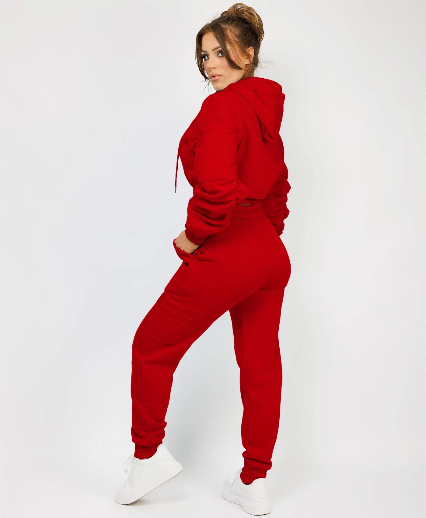 Red Ruched Sleeve Zipped Hoodie and Joggers Tracksuit