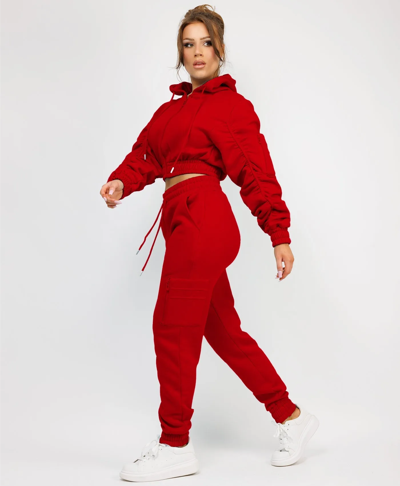 Red Ruched Sleeve Zipped Hoodie and Joggers Tracksuit